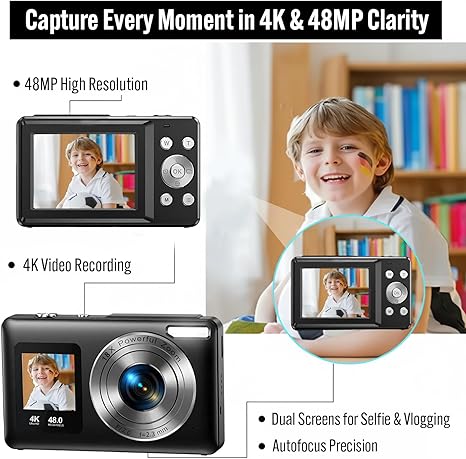 4K Dual Screen Digital Camera 48MP with 18X Zoom, 32 GB SD Card