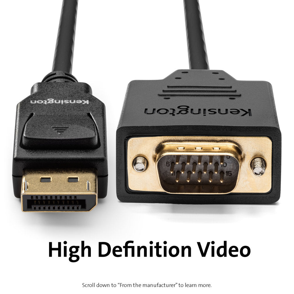 Kensington DisplayPort 1.2 (M) to VGA (M) Passive Unidirectional Cable, 6ft