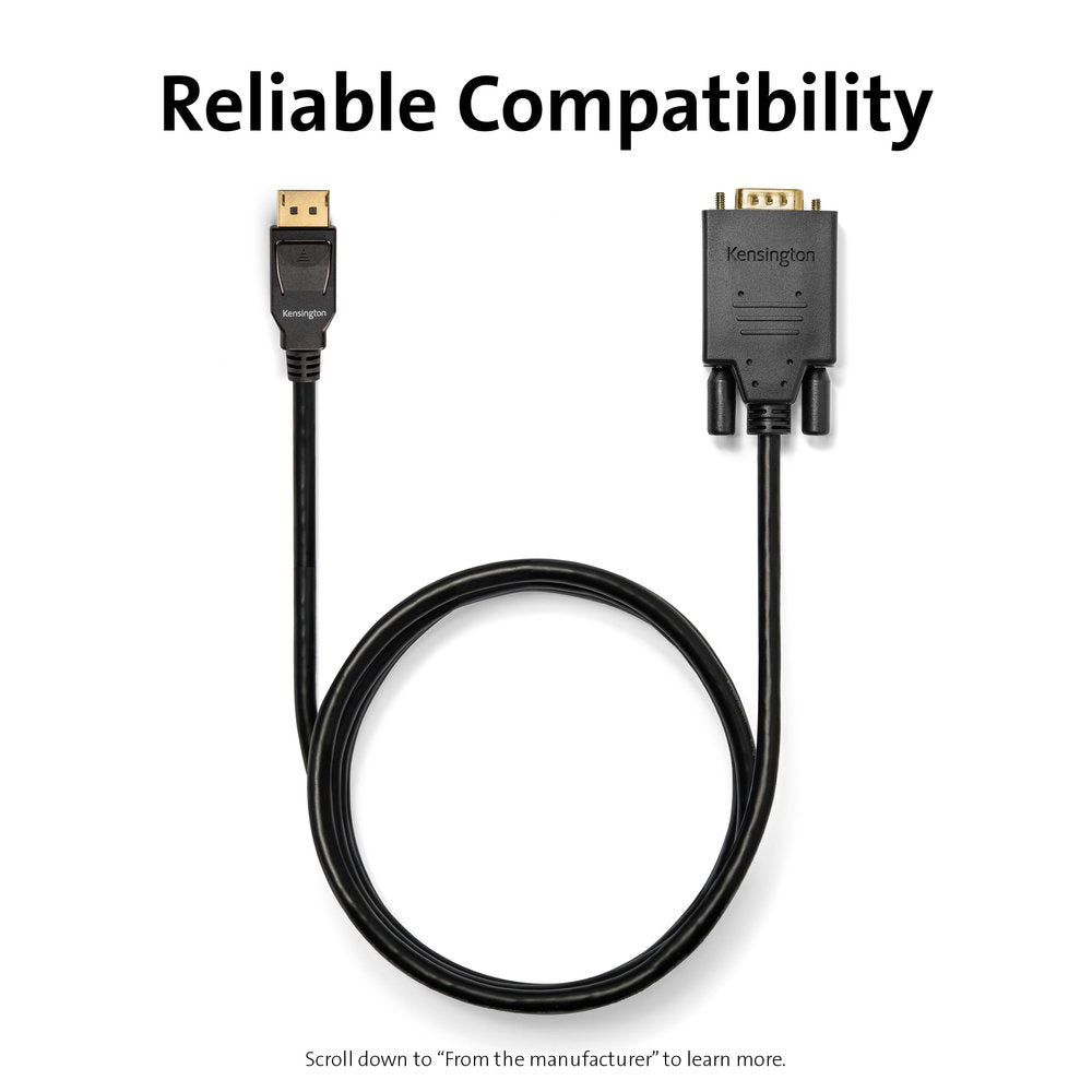Kensington DisplayPort 1.2 (M) to VGA (M) Passive Unidirectional Cable, 6ft