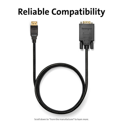 Kensington DisplayPort 1.2 (M) to VGA (M) Passive Unidirectional Cable, 6ft