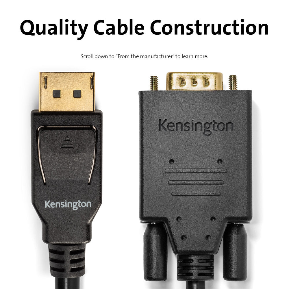 Kensington DisplayPort 1.2 (M) to VGA (M) Passive Unidirectional Cable, 6ft