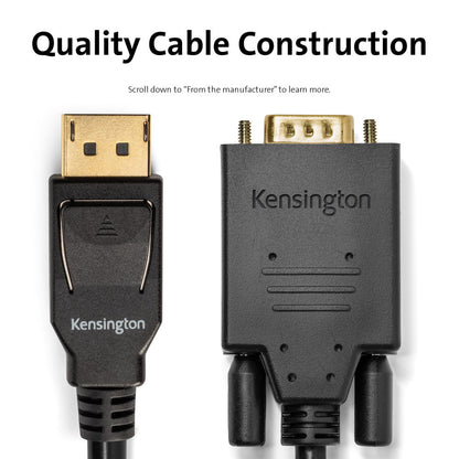 Kensington DisplayPort 1.2 (M) to VGA (M) Passive Unidirectional Cable, 6ft