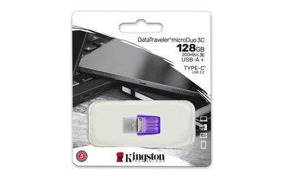Kingston Technology DataTraveler microDuo 3C USB flash drive 128 GB USB Type-A / USB Type-C 3.2 Gen 1 (3.1 Gen 1) Stainless steel, Purple