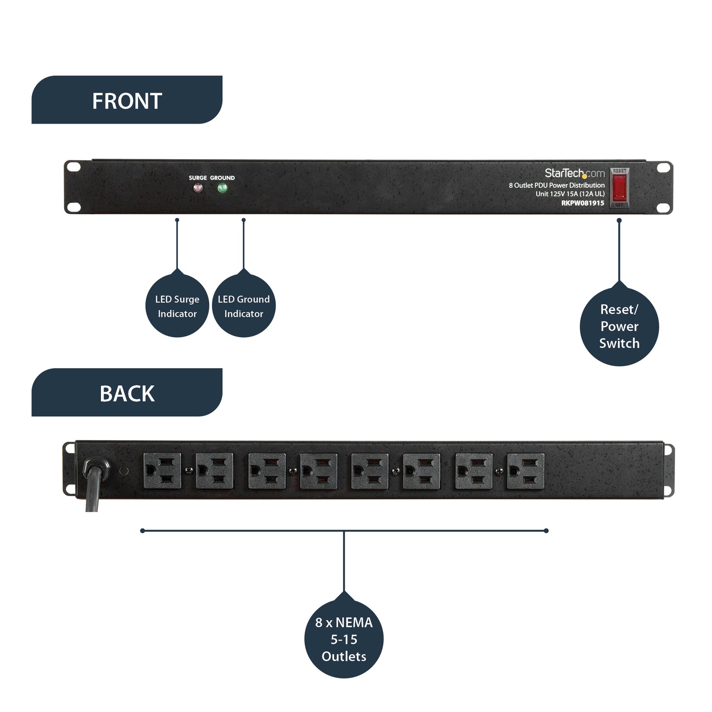StarTech.com RKPW081915 power distribution unit (PDU) 8 AC outlet(s) 1U Black
