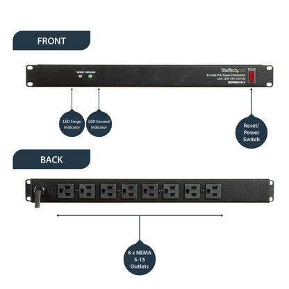 StarTech.com RKPW081915 power distribution unit (PDU) 8 AC outlet(s) 1U Black