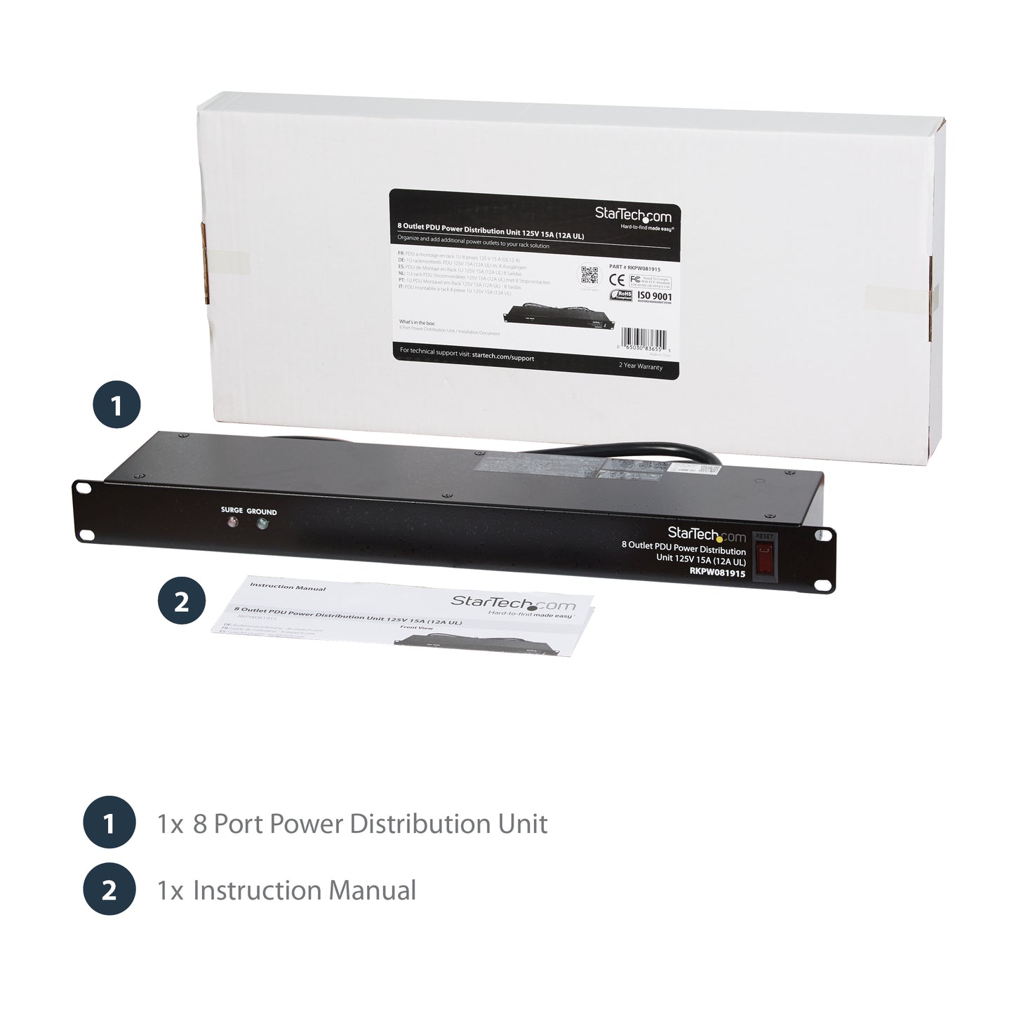 StarTech.com RKPW081915 power distribution unit (PDU) 8 AC outlet(s) 1U Black