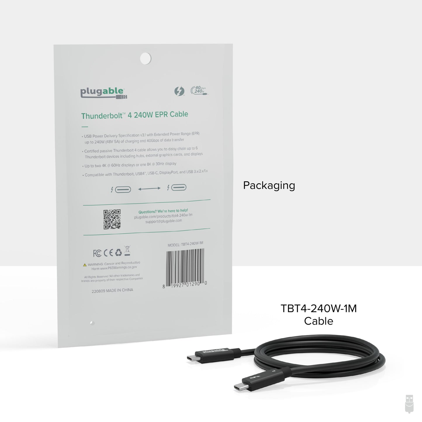 Plugable Technologies TBT4-240W-1M Thunderbolt cable 39.4" (1 m) 40 Gbit/s Black