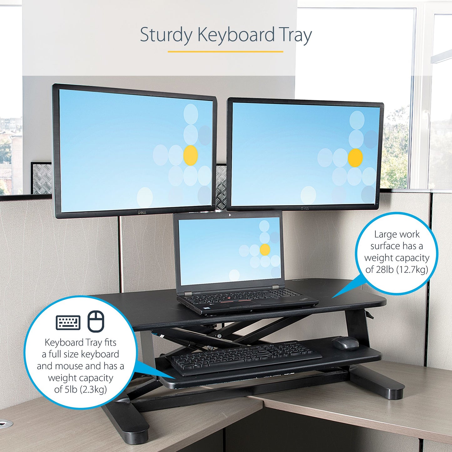 StarTech.com Corner Sit Stand Desk Converter with Keyboard Tray - Large Surface (35" x 21") - Height Adjustable Ergonomic Desktop/Tabletop Standing Workstation - Supports Dual Monitors