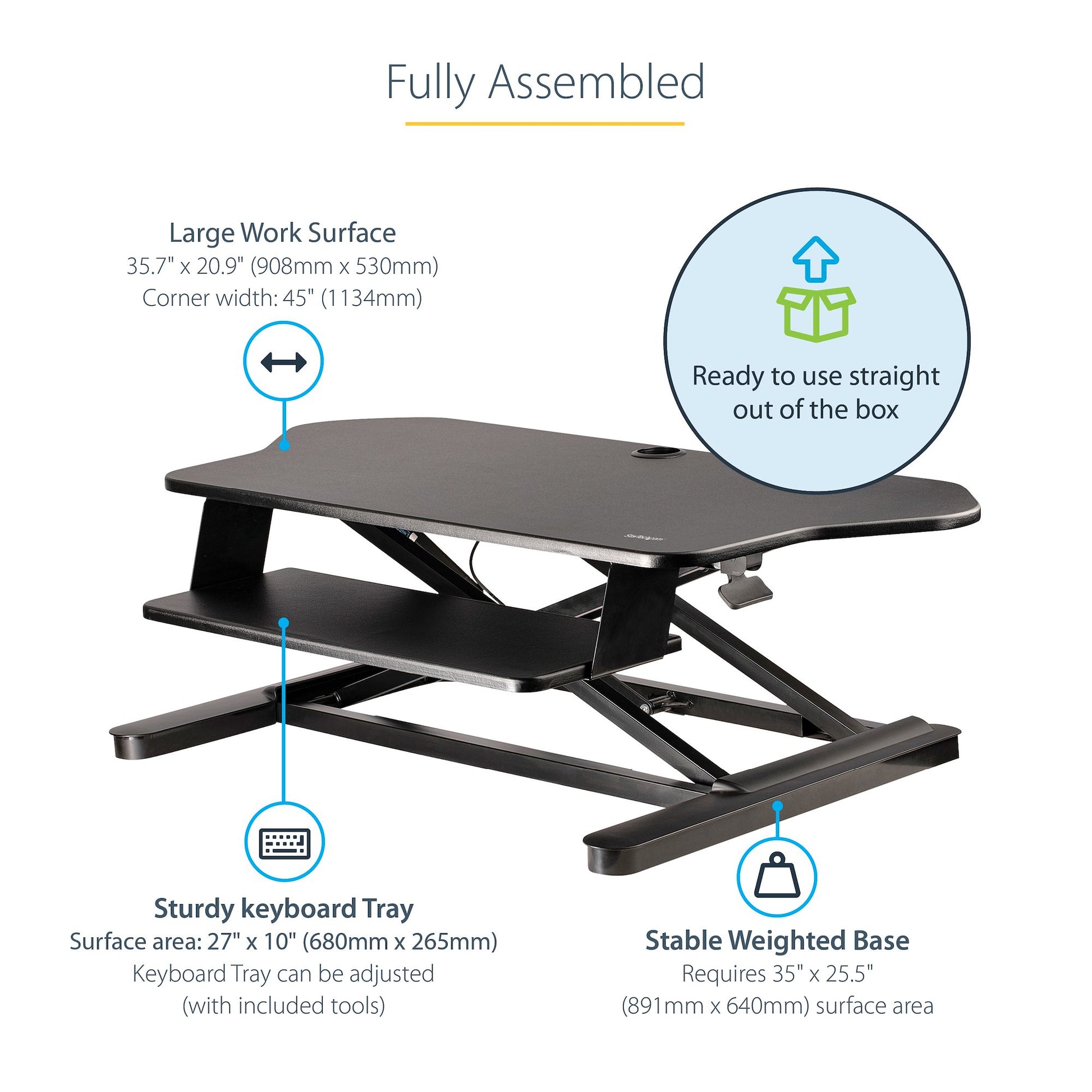 StarTech.com Corner Sit Stand Desk Converter with Keyboard Tray - Large Surface (35" x 21") - Height Adjustable Ergonomic Desktop/Tabletop Standing Workstation - Supports Dual Monitors
