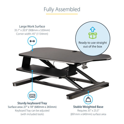 StarTech.com Corner Sit Stand Desk Converter with Keyboard Tray - Large Surface (35" x 21") - Height Adjustable Ergonomic Desktop/Tabletop Standing Workstation - Supports Dual Monitors