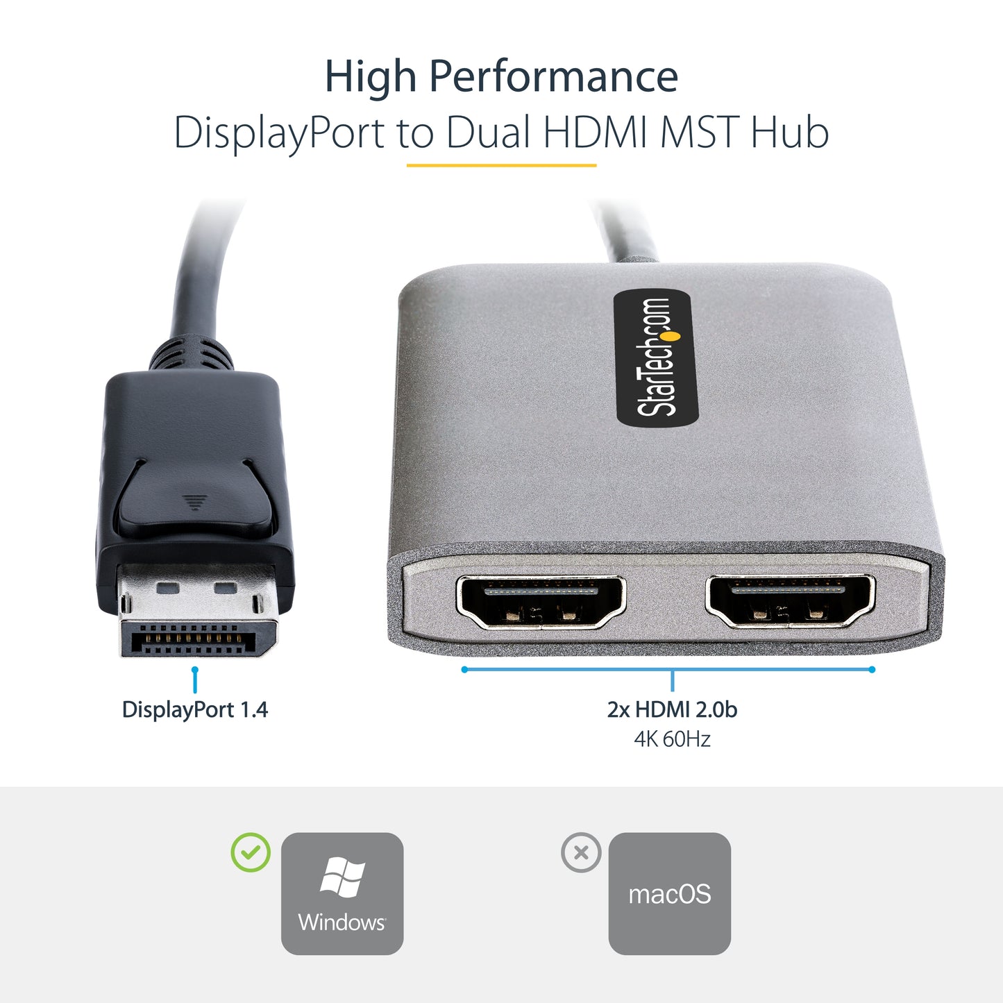 StarTech.com MST14DP122HD video cable adapter 11.8" (0.3 m) DisplayPort 2 x HDMI Black, Gray