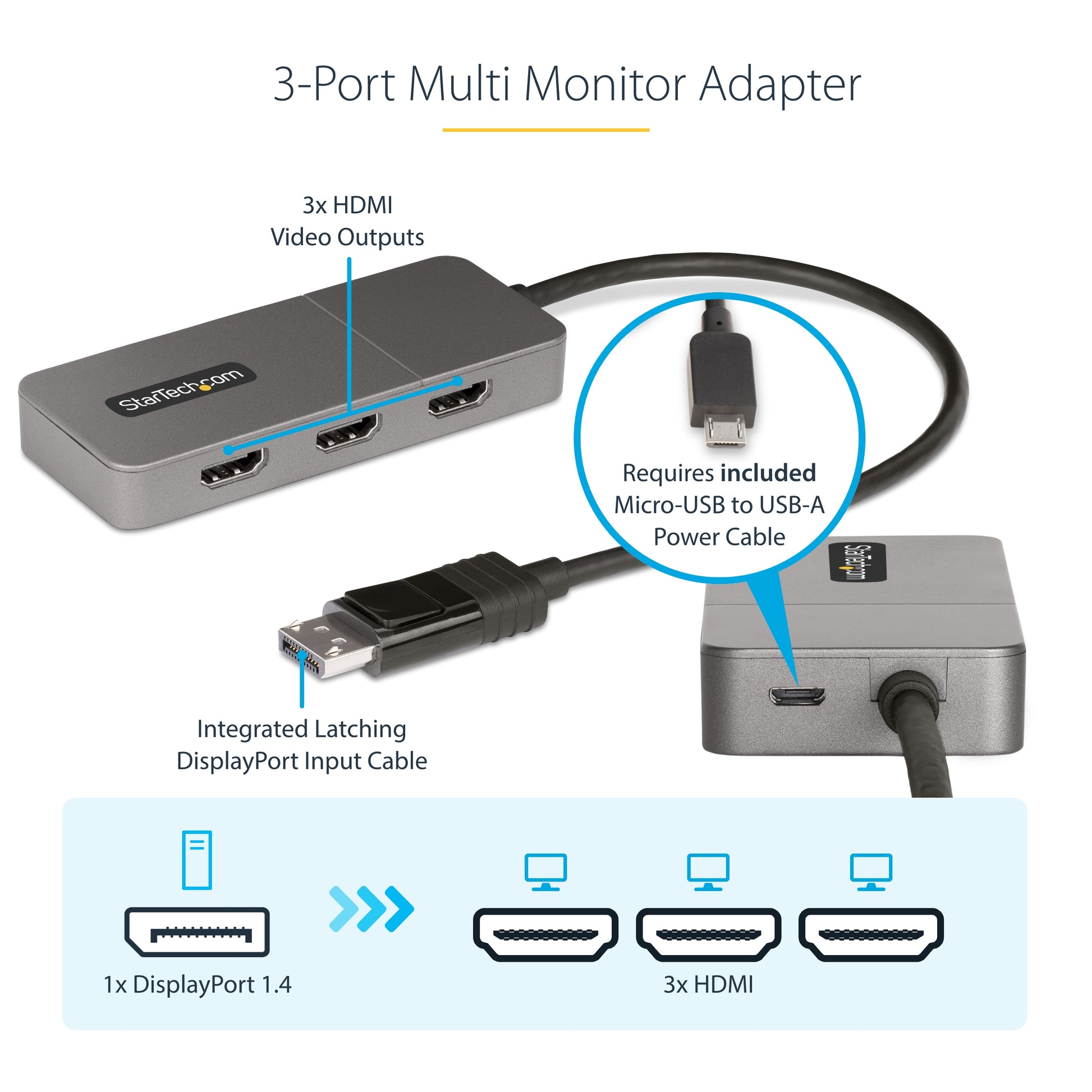 StarTech.com MST14DP123HD video cable adapter 11.8" (0.3 m) DisplayPort 3 x HDMI Gray