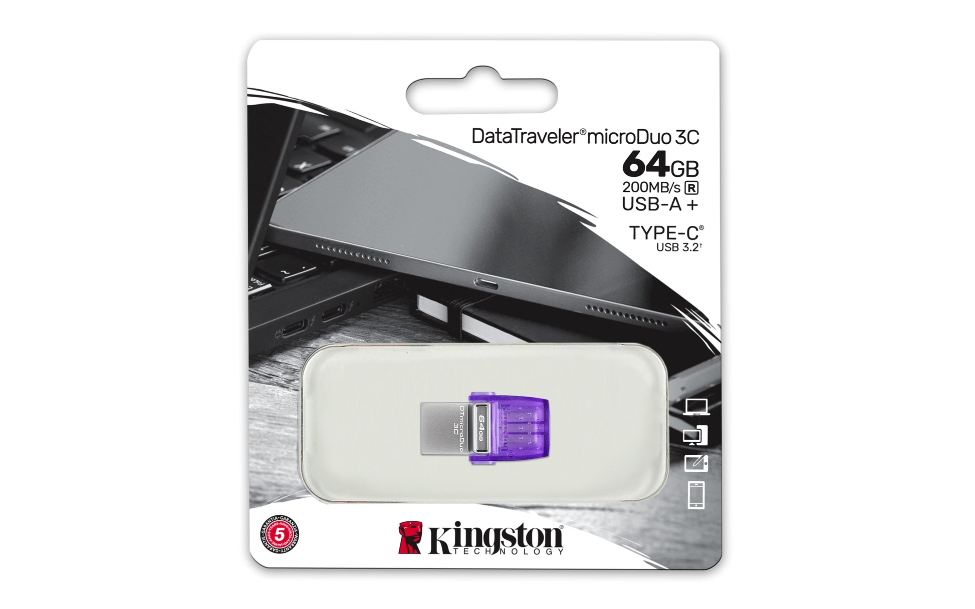 Kingston Technology DataTraveler microDuo 3C USB flash drive 64 GB USB Type-A / USB Type-C 3.2 Gen 1 (3.1 Gen 1) Purple, Stainless steel