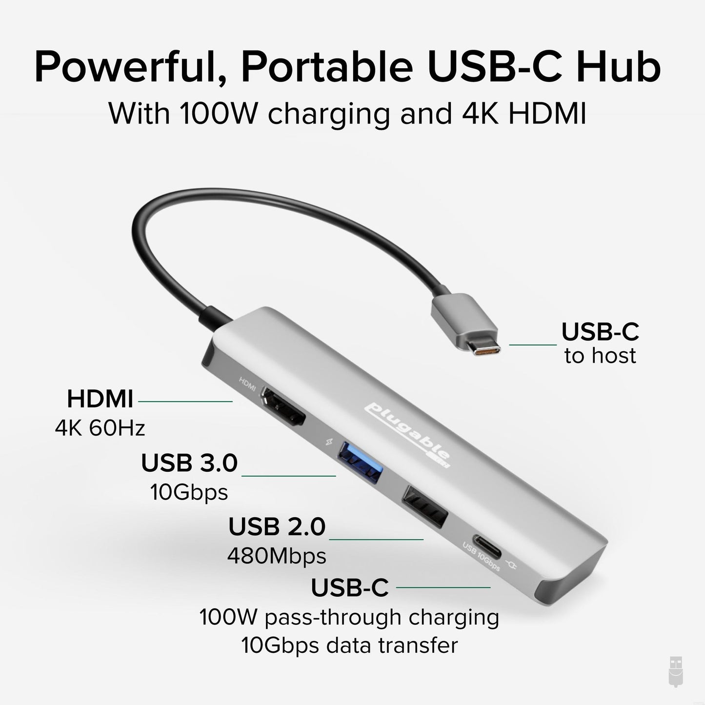 Plugable Technologies USBC-4IN1 laptop dock/port replicator Wired USB 3.2 Gen 2 (3.1 Gen 2) Type-C Silver