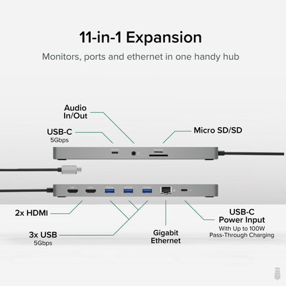 Plugable Technologies USBC-11IN1E laptop dock/port replicator Wired USB 3.2 Gen 1 (3.1 Gen 1) Type-C Silver