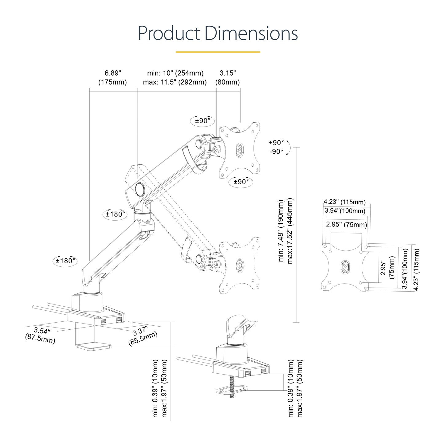 StarTech.com ARMSLIM2USB3 monitor mount / stand 34" Desk Black
