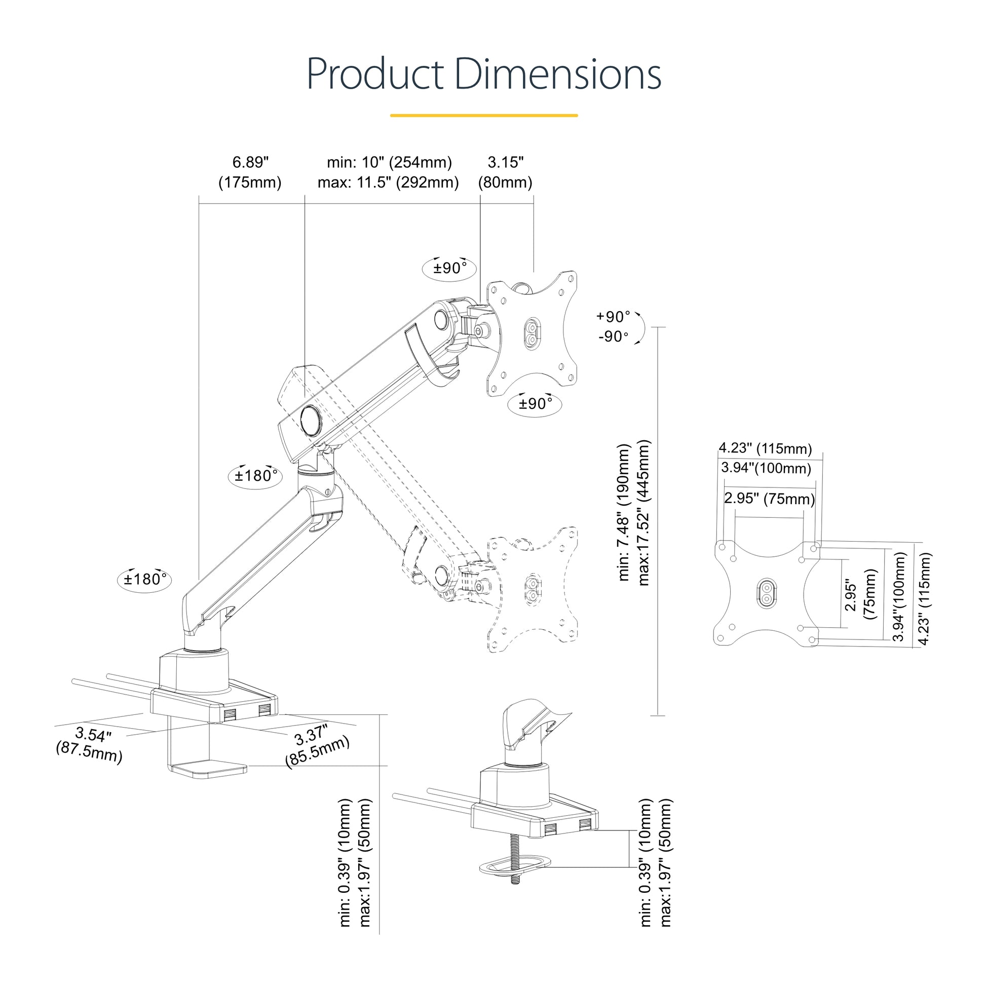 StarTech.com ARMSLIM2USB3 monitor mount / stand 34" Desk Black