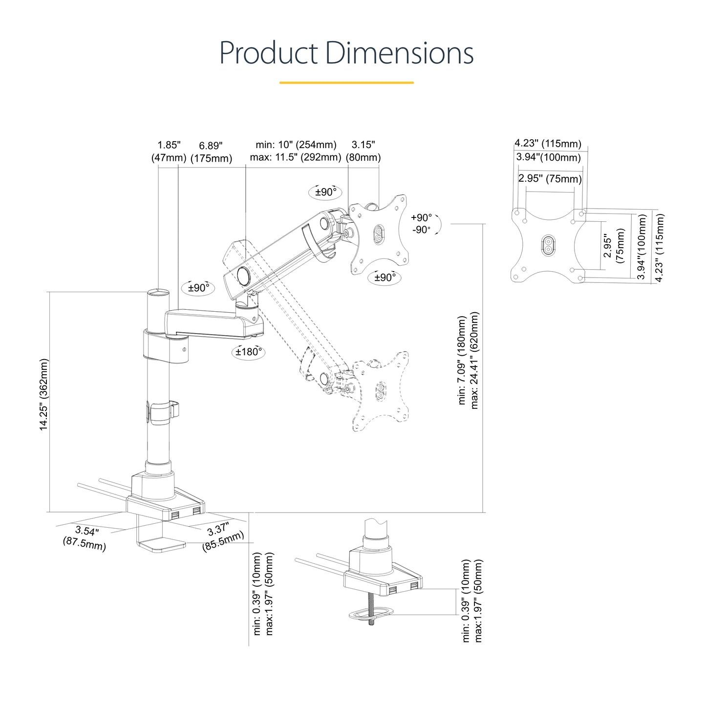 StarTech.com ARMPIVOT2USB3 monitor mount / stand 34" Desk Black