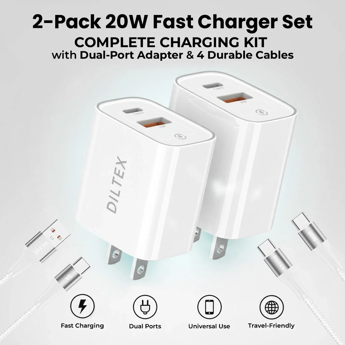2-Pack 20W Fast Charger with 4 - 6ft cables- (2) 6ft USB-A-C & (2) 6ft USB-C-C