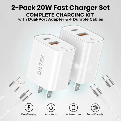 2-Pack 20W Fast Charger with 4 - 6ft cables- (2) 6ft USB-A-C & (2) 6ft USB-C-C